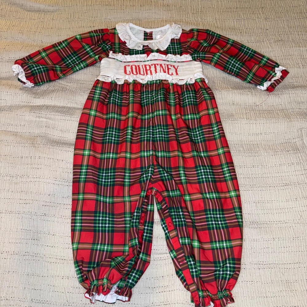 Cecil and Lou Girls 2T Christmas Plaid Smocked Romper Red Green Courtney Custom